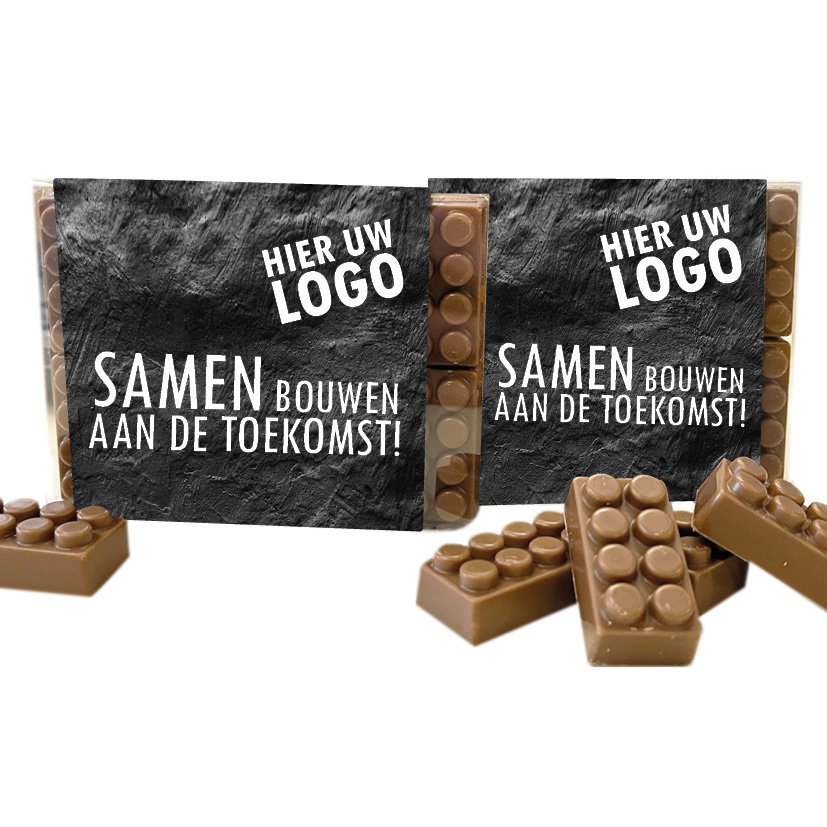 Doosje met 10 chocolade bouwblokjes inclusief banderol